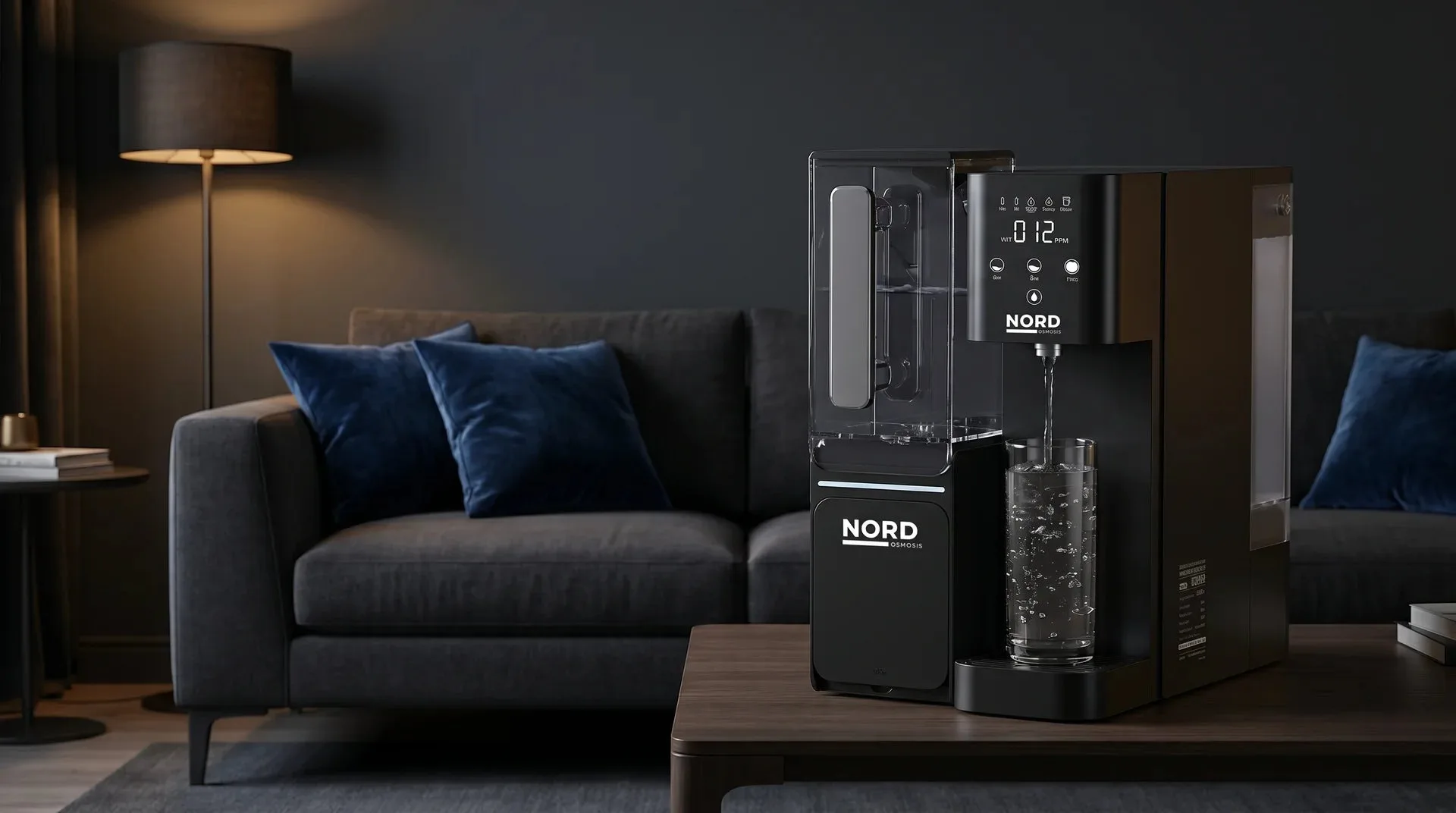 Nord Osmosis One pouring a glass of water on a coffee table in a living room at night