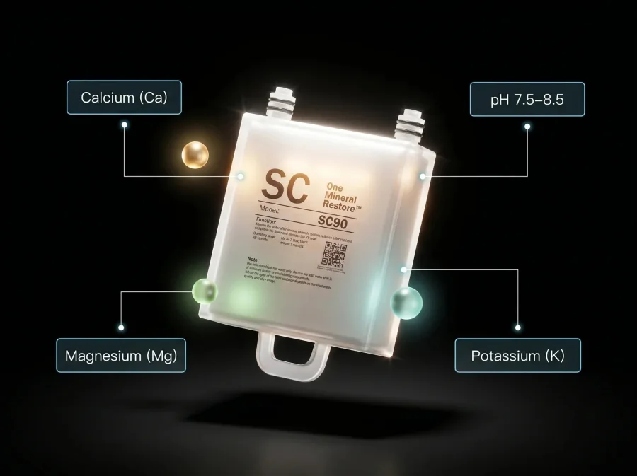 One Mineral Restore cartridge with calcium, magnesium and potassium, and pH 7.5 to 8.5